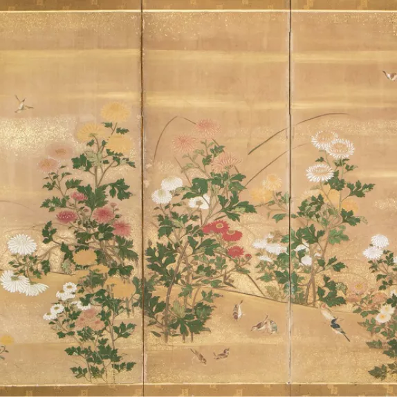 Paravent japonais, dor&eacute; &agrave; la feuille d'or