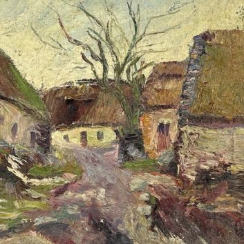Wladimir de TERLIKOWSKI (Poraj, 1873 - Paris, 1951)  L'entrée du village Huile sur toile, signée en bas à gauche en rouge.
