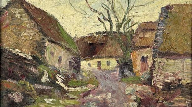 Wladimir de TERLIKOWSKI (Poraj, 1873 - Paris, 1951)  L'entrée du village Huile sur toile, signée en bas à gauche en rouge.