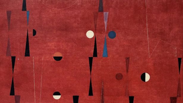 Raymond GRANDJEAN (1929-2006) Composition géométrique au fond rouge Huile sur toile