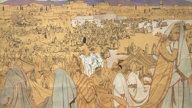 Jacques MAJORELLE (1886-1962) «Les Haïks au souk el Khemis », Marrakech, 1925.  Technique mixte sur papier.