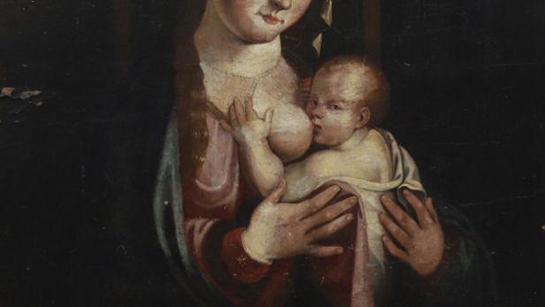 École flamande du début du XVIIe siècle, d'après Luca Longhi (Ravenne 1507-1580 Ravenne) ou Barbara Longhi (Ravenne 1552 - 1638 Ravenne) Virgo Lactans Huile sur panneau (parquetage)