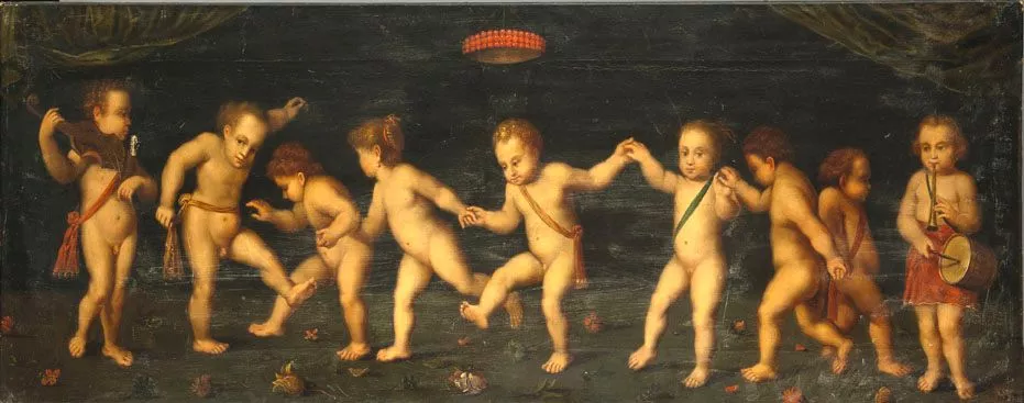 Huile sur toile repr&eacute;sentant des cupidons ou des amours