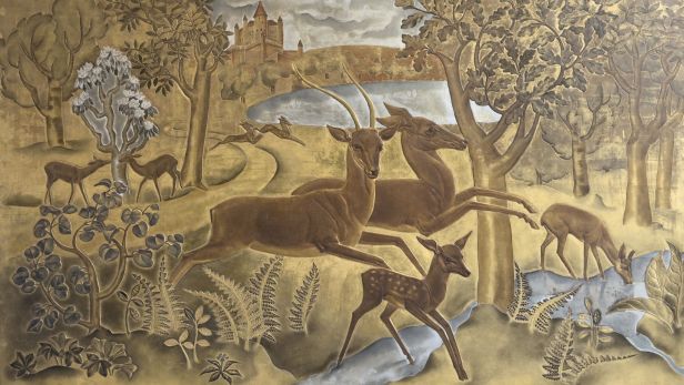 Renée BESSON-PAULIN (1906-1984), les Biches, panneau à décor de laque