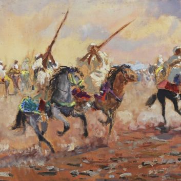 Henri PONTOY (1888-1968), Fantasia au pied de l'Atlas, Huile sur toile