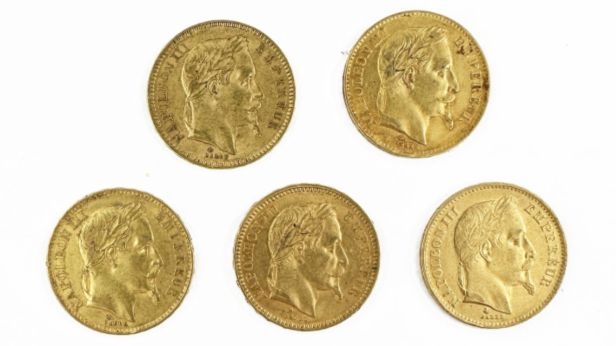 Lot de sept monnaies de 20 francs or Napoléon III empereur à la tête laurée