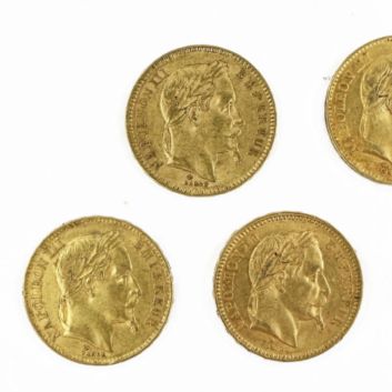 Lot de sept monnaies de 20 francs or Napoléon III empereur à la tête laurée