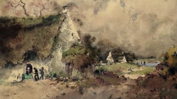 Ernest Pierre GUÉRIN (1887-1952) Chaumes du Morbihan Bretagne Aquarelle sur carton