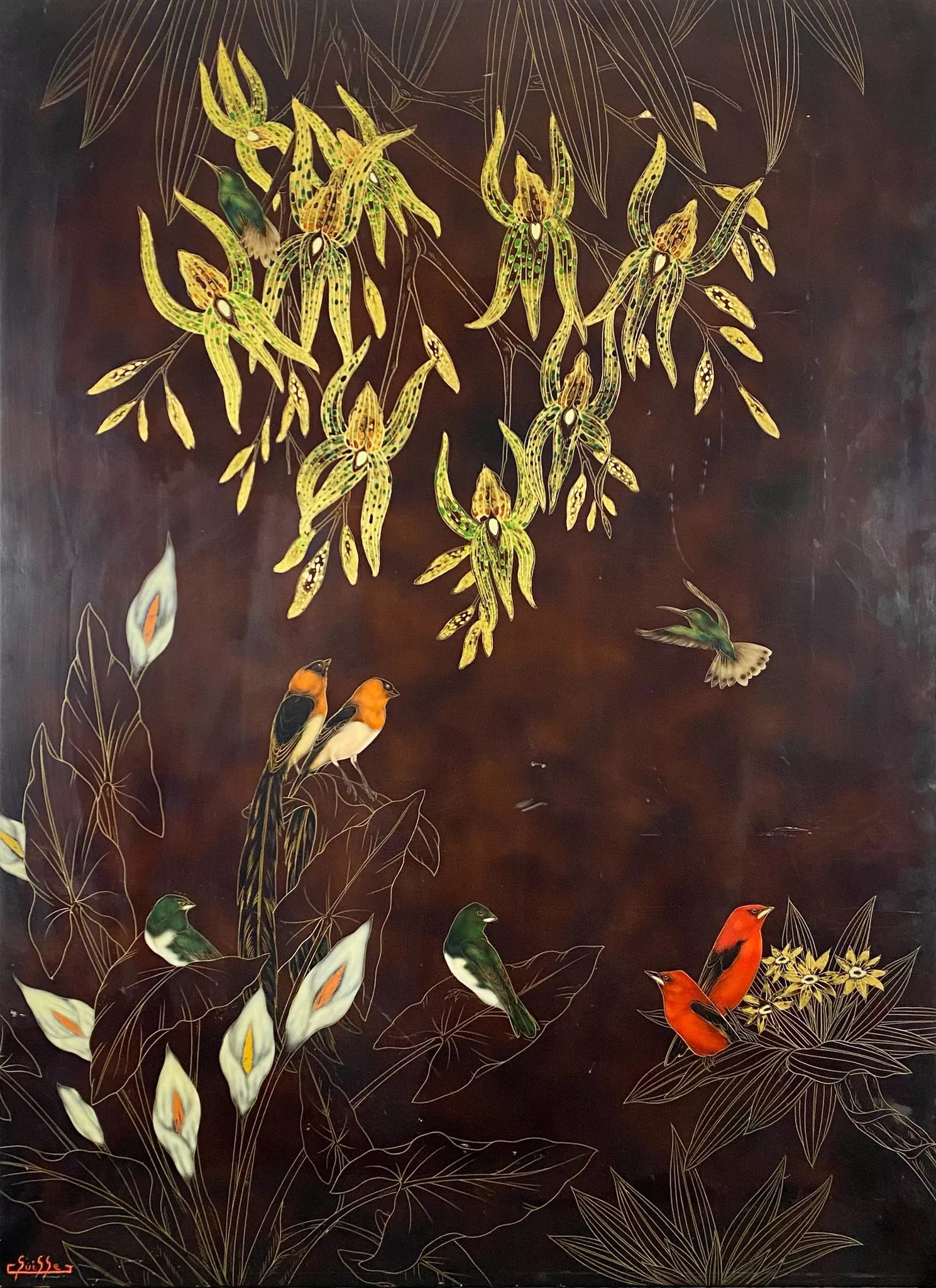 Gaston Suisse, panneau en bois, laqu&eacute; &agrave; la laque de Chine