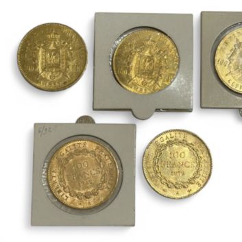 Ensemble de 5 monnaies de 100 Francs or (900)