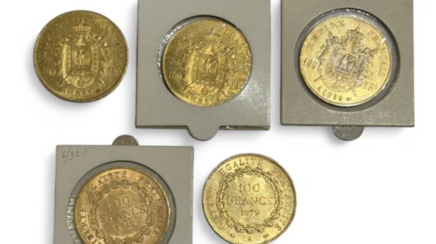 Ensemble de 5 monnaies de 100 Francs or (900)