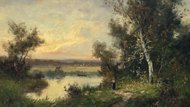 Edma MORISOT-PONTILLON (1839-1921) Spectatrice du crépuscule au bord de l'étang Huile sur toile