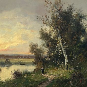 Edma MORISOT-PONTILLON (1839-1921) Spectatrice du crépuscule au bord de l'étang Huile sur toile