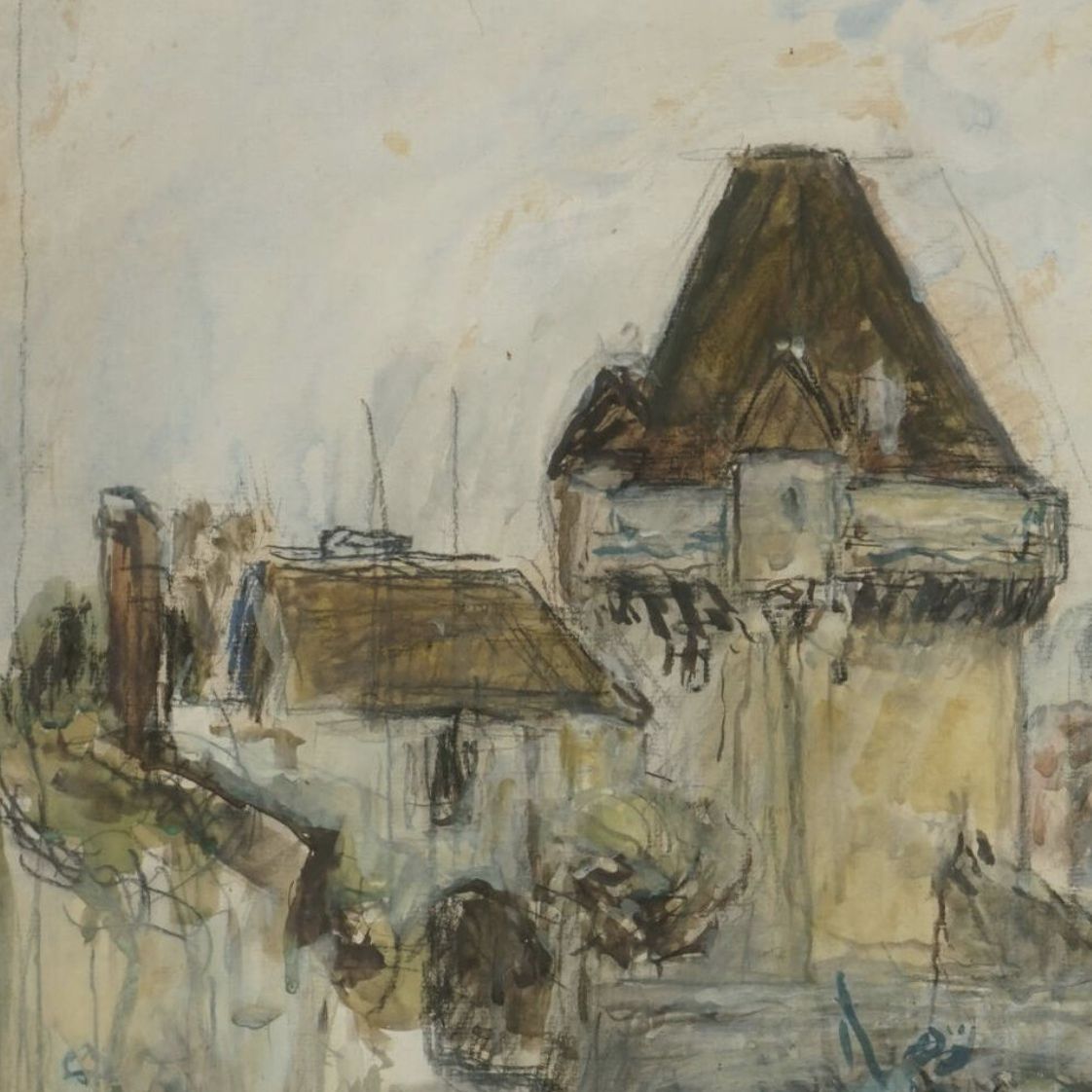 Johan Barthold Jongkind, dessin au crayon noir et &agrave; la gouache