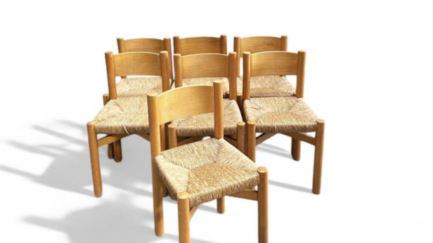 Charlotte PERRIAND (1903-1999), Suite de sept chaises dites Méribel, circa 1975