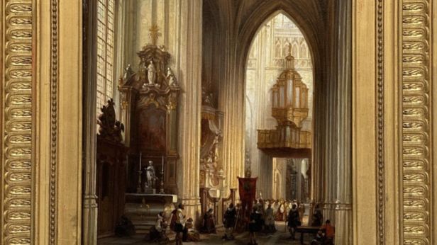 Jules Victor Génisson (Saint-Omer 1805-1860 Bruges) La procession du Saint Sacrement dans le déambulatoire de la collégiale Saint-Pierre de Louvain  Huile sur panneau