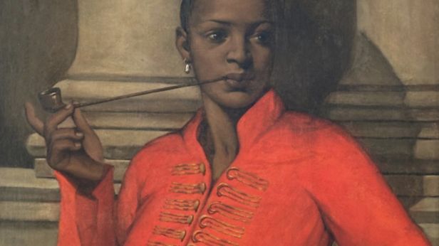 Entourage de Jean-Léon Gérôme (Vesoul 1824-1904Paris) Jeune fumeur maure androgyne, vêtu à la polonaise, portant une perle baroque (Angelo Soliman?) Huile sur toile