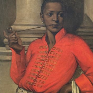 Entourage de Jean-Léon Gérôme (Vesoul 1824-1904Paris) Jeune fumeur maure androgyne, vêtu à la polonaise, portant une perle baroque (Angelo Soliman?) Huile sur toile