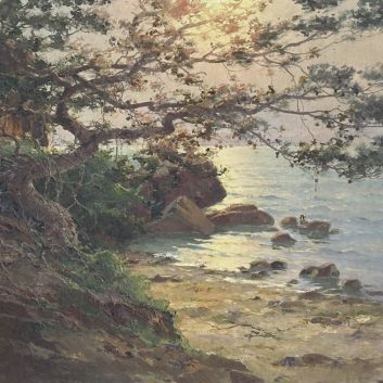 Antoine BARBIER (1859-1948) Bord de mer arboré l'après-midi Huile sur toile Signé en bas à droite