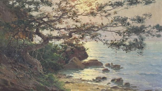 Antoine BARBIER (1859-1948) Bord de mer arboré l'après-midi Huile sur toile  Signé en bas à droite