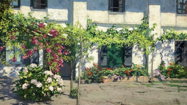 Georges MASSON (1875-1948) La cour fleurie du couvent des Récollets à Ciboure, huile sur panneau