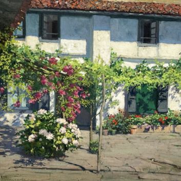 Georges MASSON (1875-1948) La cour fleurie du couvent des Récollets à Ciboure, huile sur panneau