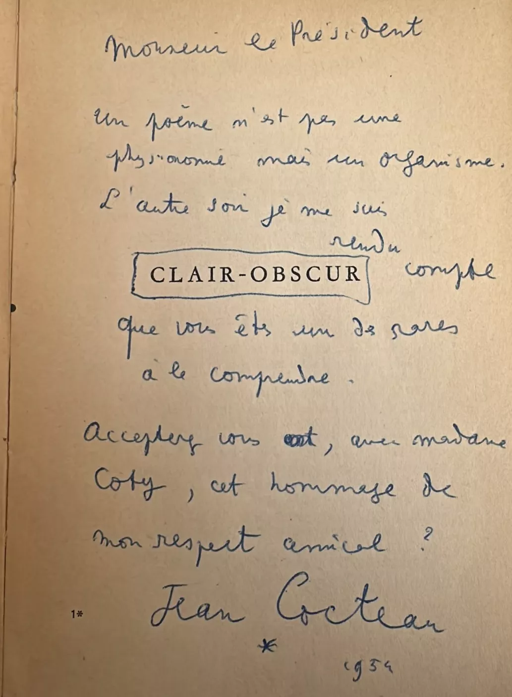 Jean Cocteau, d&eacute;dicace &agrave; Ren&eacute; Coty