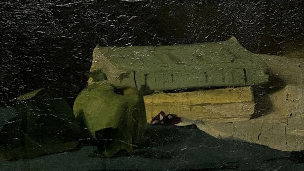 Pascal DAGNAN-BOUVERET (Paris 1852-1929 Quincey) Nature morte à la pomme et aux livres Huile sur carton