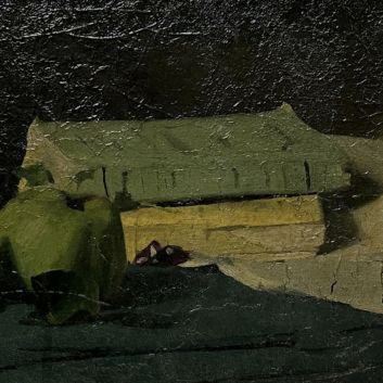 Pascal DAGNAN-BOUVERET (Paris 1852-1929 Quincey) Nature morte à la pomme et aux livres Huile sur carton