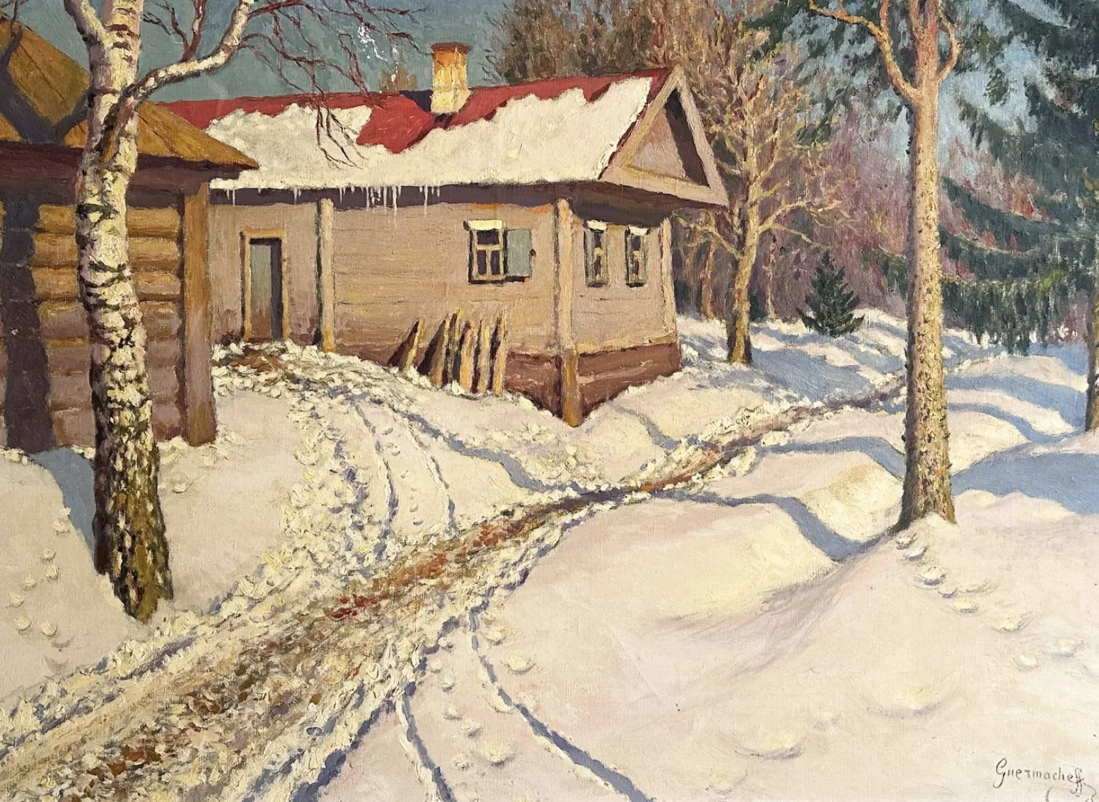 Mikhail Markianovich GUERMACHEFF (1867 - 1930) Maison sous la neige, huile sur toile