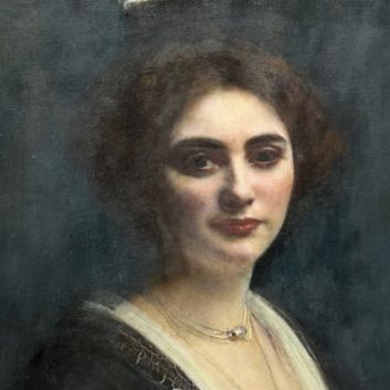 Pascal DAGNAN-BOUVERET (Paris 1852-1929 Quincey) Portrait de jeune femme, une rose dans le corsage, Huile sur toile