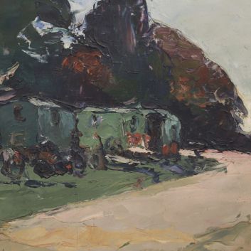 Wladimir de TERLIKOWSKI (1873- 1951), Roulotte dans un paysage, huile sur toile