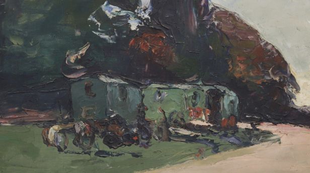 Wladimir de TERLIKOWSKI (1873- 1951), Roulotte dans un paysage, huile sur toile