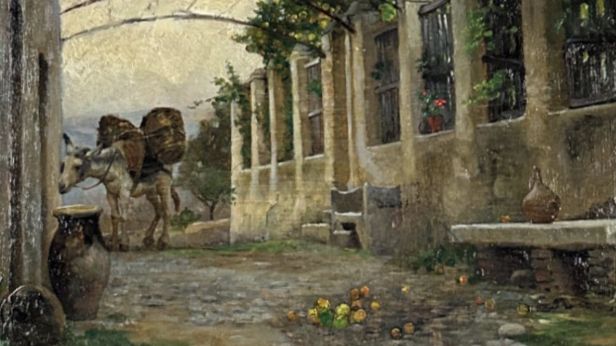 Virginie Demont-Breton (1859-1935) :  Ane porteur dans une allée.  Huile sur panneau.