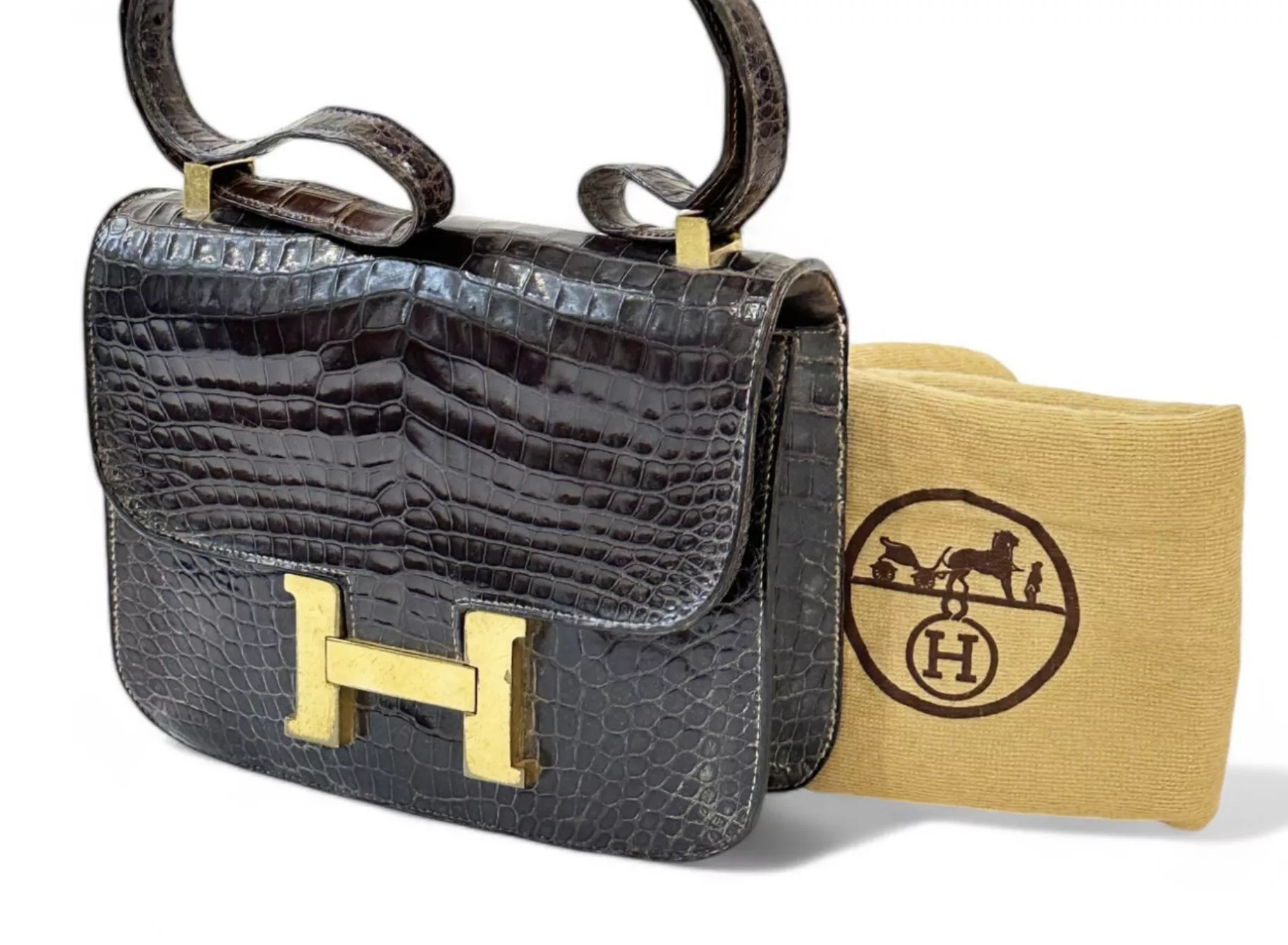 HERM&Egrave;S, Sac &agrave; main Constance 23 cm en crocodile porosus marron