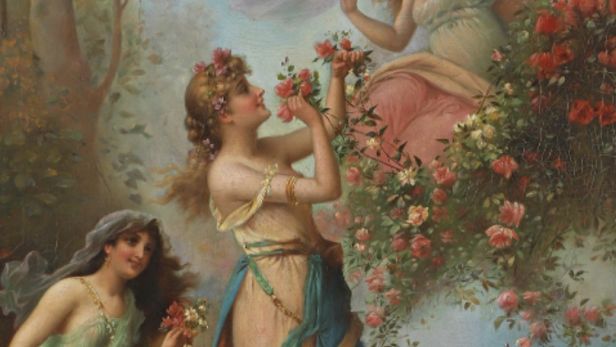 H. WALDEK (XIX-XXe), Les nymphes aux fleurs, Huile sur toile