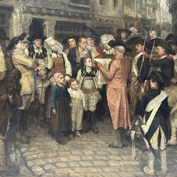 Henri Pille (Essômes-sur-Marne 1844-1897 Paris) En Bretagne, l’annonce faite à la population du décret de la Convention Nationale instituant la levée en masse, en mars 1793. Huile sur toile