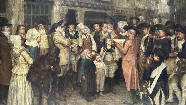 Henri Pille (Essômes-sur-Marne 1844-1897 Paris) En Bretagne, l’annonce faite à la population du décret de la Convention Nationale instituant la levée en masse, en mars 1793. Huile sur toile