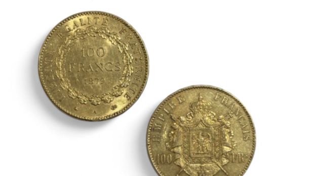 Ensemble de 2 monnaies de 100 Francs or (900) -Empire Français au profil droit Napoléon III tête nue, 1858 Paris -Génie de Dupré, 1879 Paris