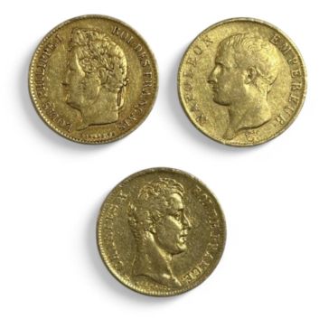 Ensemble de 3 monnaies de 40 Francs or (900) -Napoléon Empereur 1806 Paris -Charles X 1830 Paris -Louis-Philippe 1e 1834 Paris