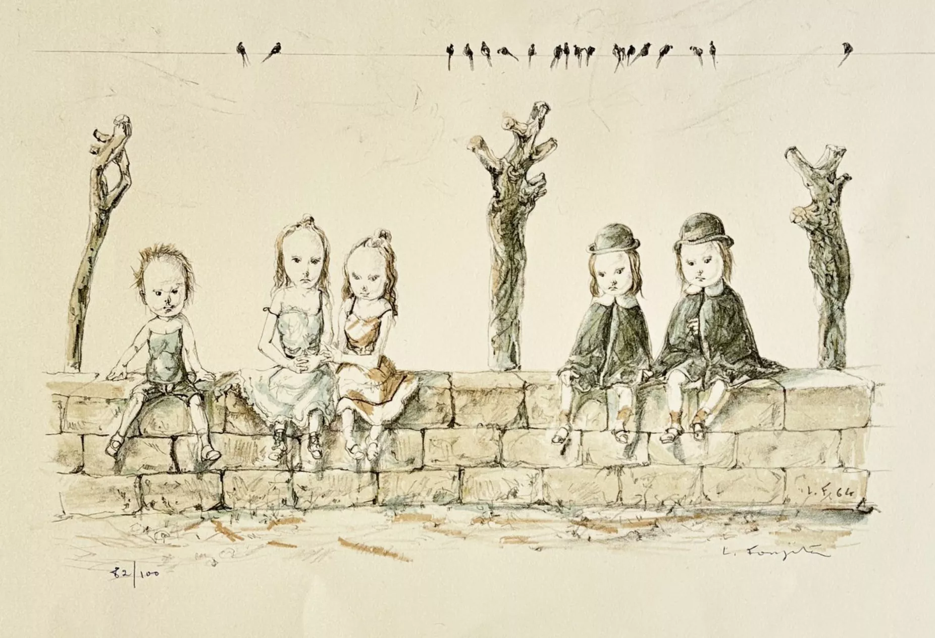 Tsuguharu FOUJITA (1886-1968) Sur le mur, enfants et hirondelles, 1964 Lithographie