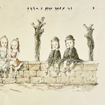 Tsuguharu FOUJITA (1886-1968) Sur le mur, enfants et hirondelles, 1964 Lithographie