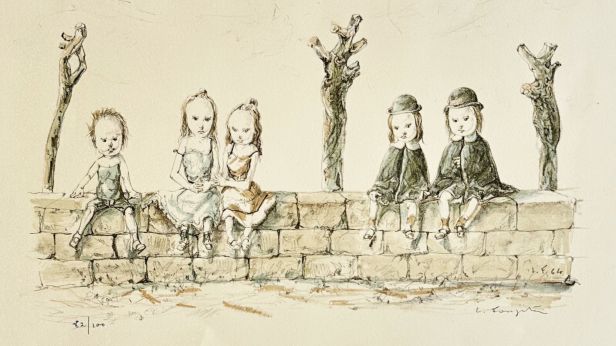 Tsuguharu FOUJITA (1886-1968) Sur le mur, enfants et hirondelles, 1964 Lithographie