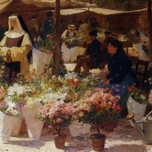 Victor Gabriel Gilbert, March&eacute; aux fleurs - Huile sur toile