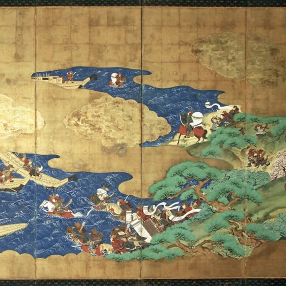 Paravent japonais représentant la bataille de Menpei, XIXème