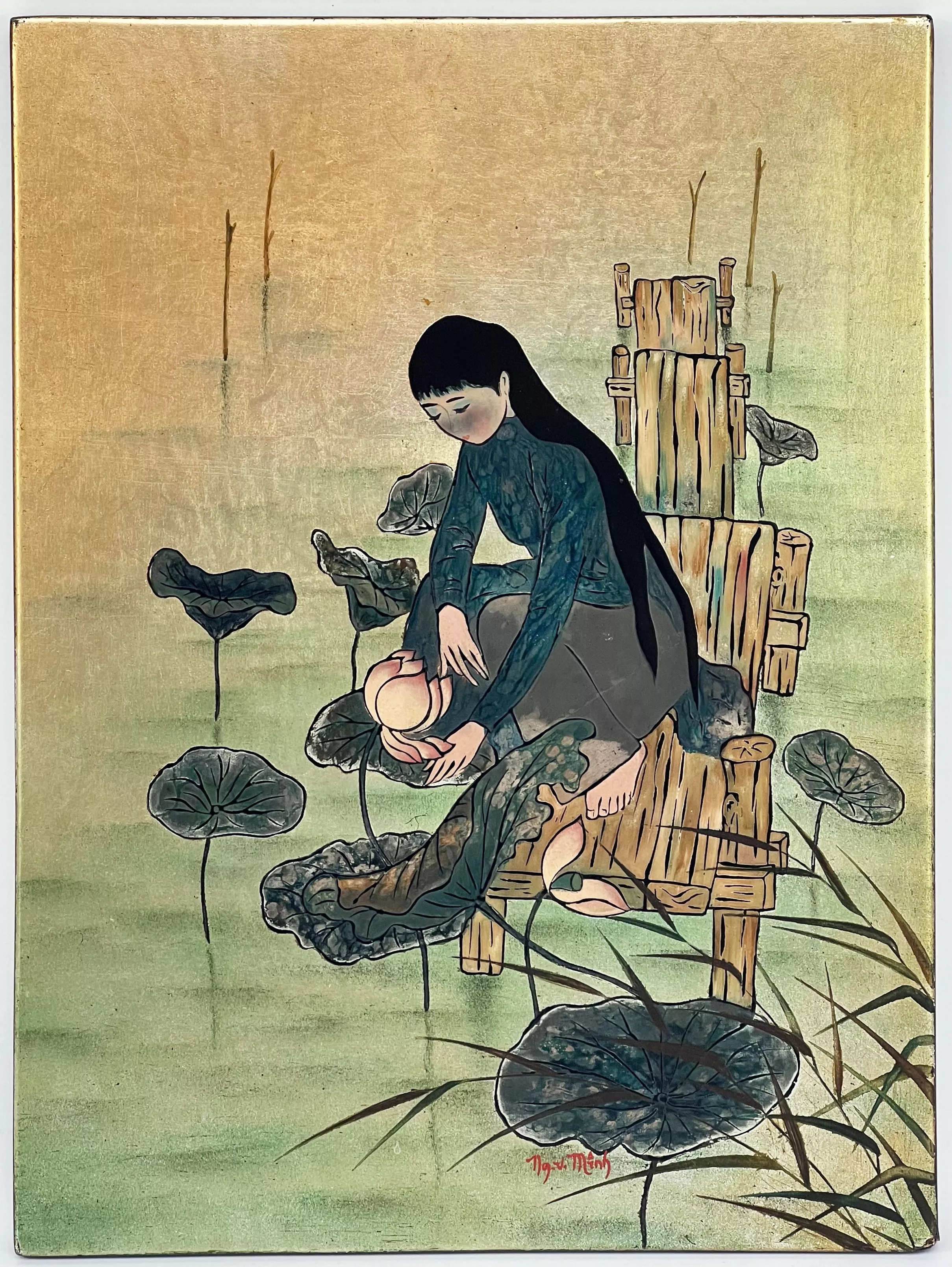 Peinture sur bois laqu&eacute;, XX&egrave;me