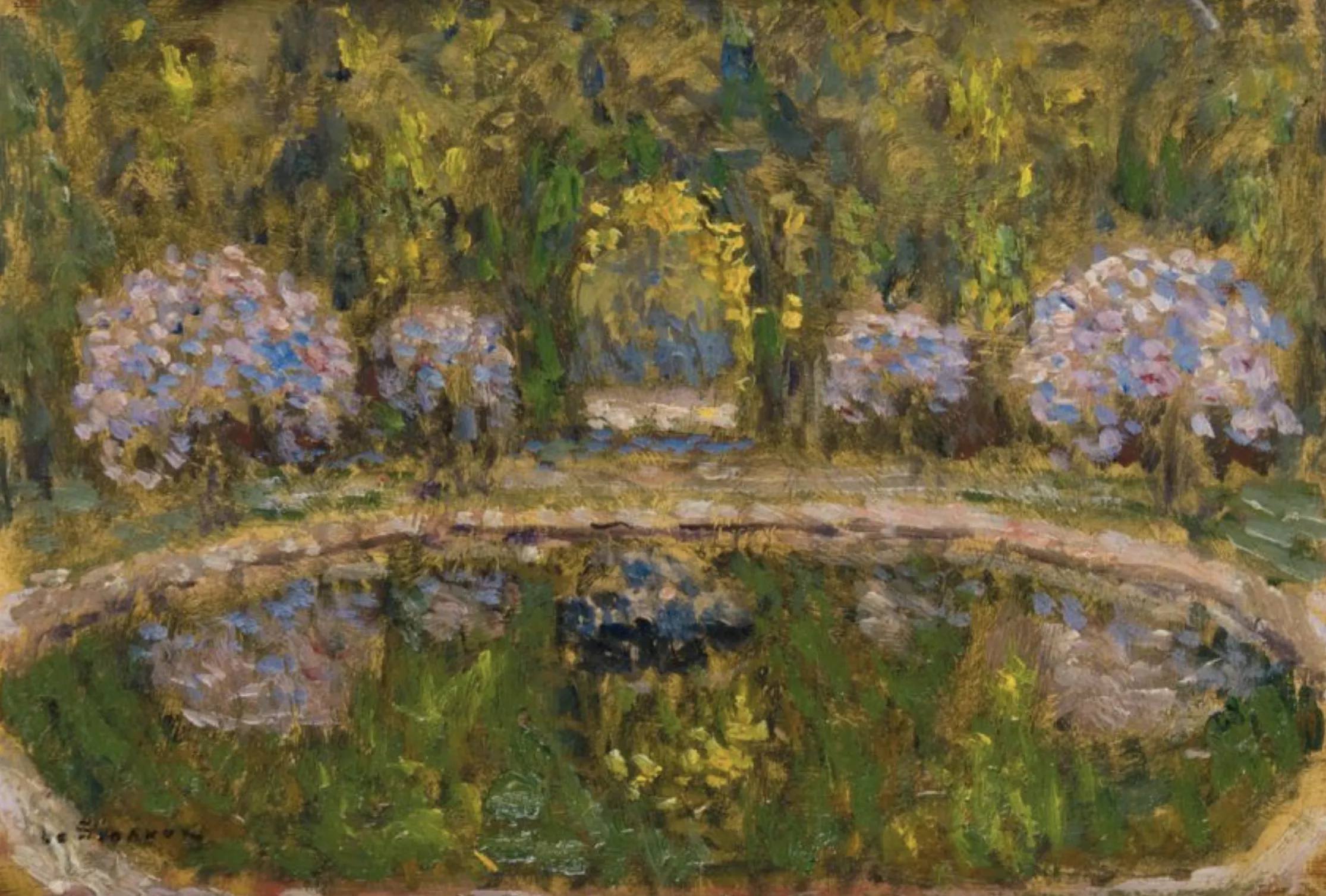 Henri Le Sidaner, huile sur panneau repr&eacute;sentant les jardins du Trianon