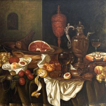 Travail dans le goût du XVIIème siècle hollandais Grande nature morte au crabe, aiguières, fruits et römer