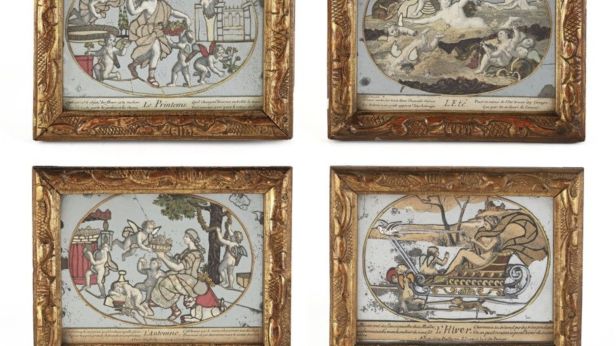 COYPEL (1661 - 1722), Assemblage de gravures découpées et fragments de tissu sur fond de miroir