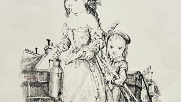 Tsuguharu FOUJITA (1886-1968), Fillettes au pot de lait et aux baguettes, Lithographie